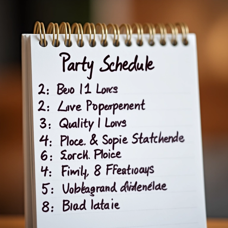Cronograma detalhado da festa em um bloco de notas com horários e atividades.