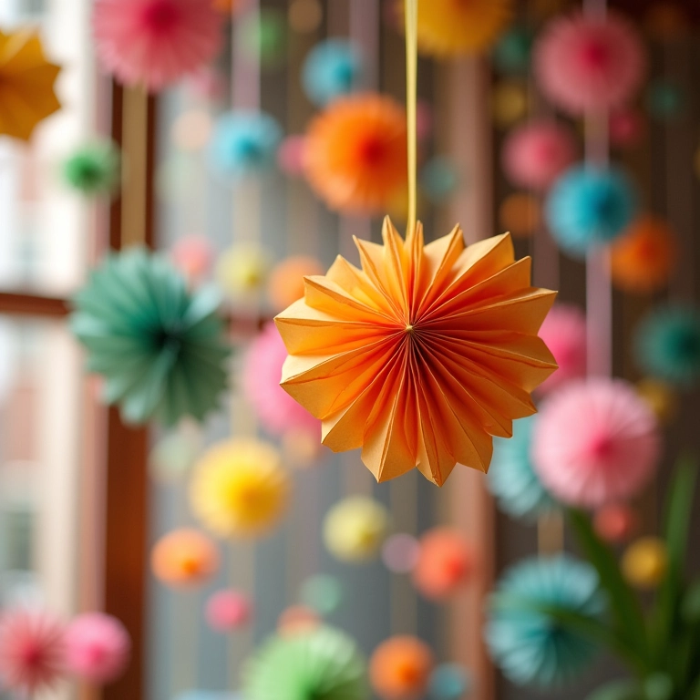 Decoração aérea com origami e dobraduras.