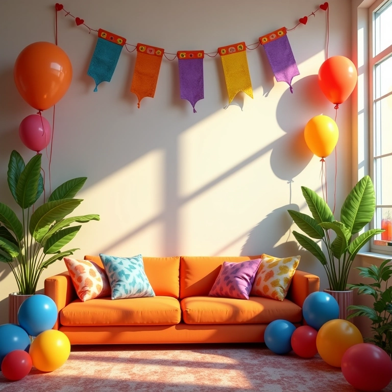 Decoração de festa em sala de estar vibrante com balões e banners coloridos.