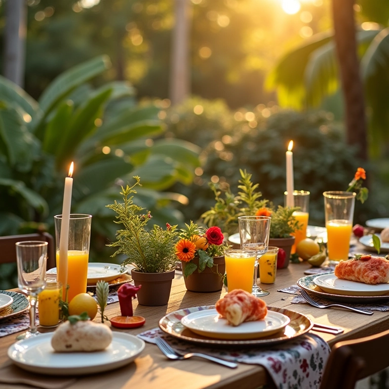 Decoração de mesa de festa com materiais reciclados.