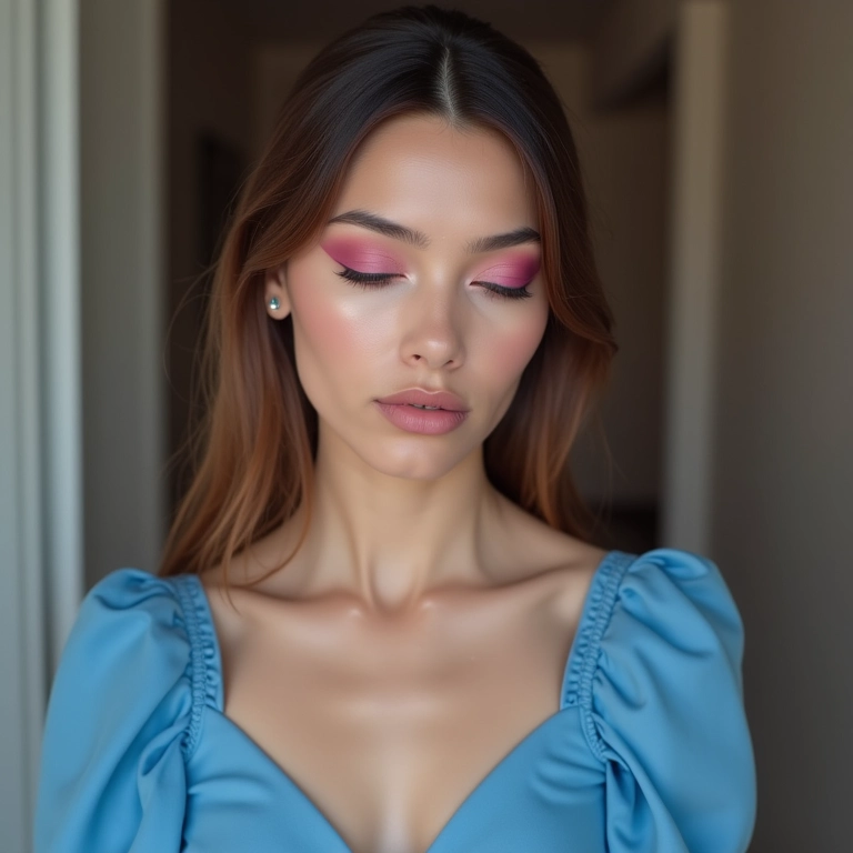 Delicadeza e feminilidade: sombra rosa para harmonizar com vestido azul.