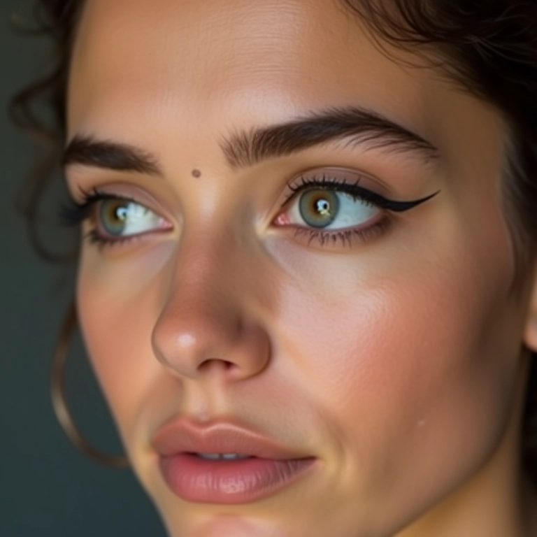 Delineado fino e ascendente nos olhos.