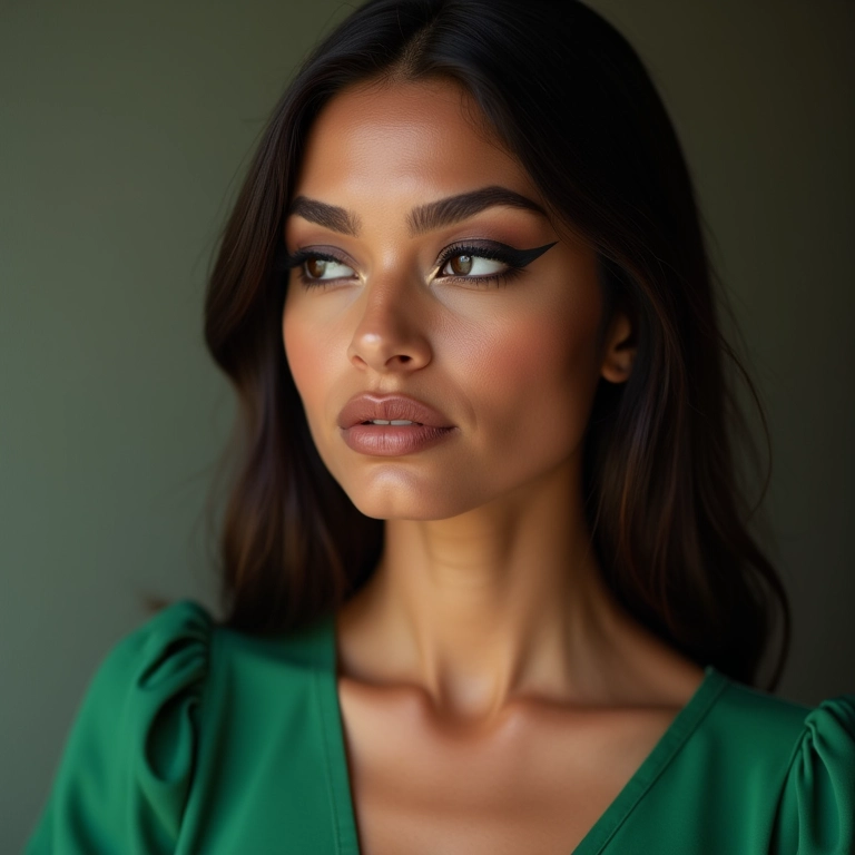 Delineado gatinho clássico com vestido verde.