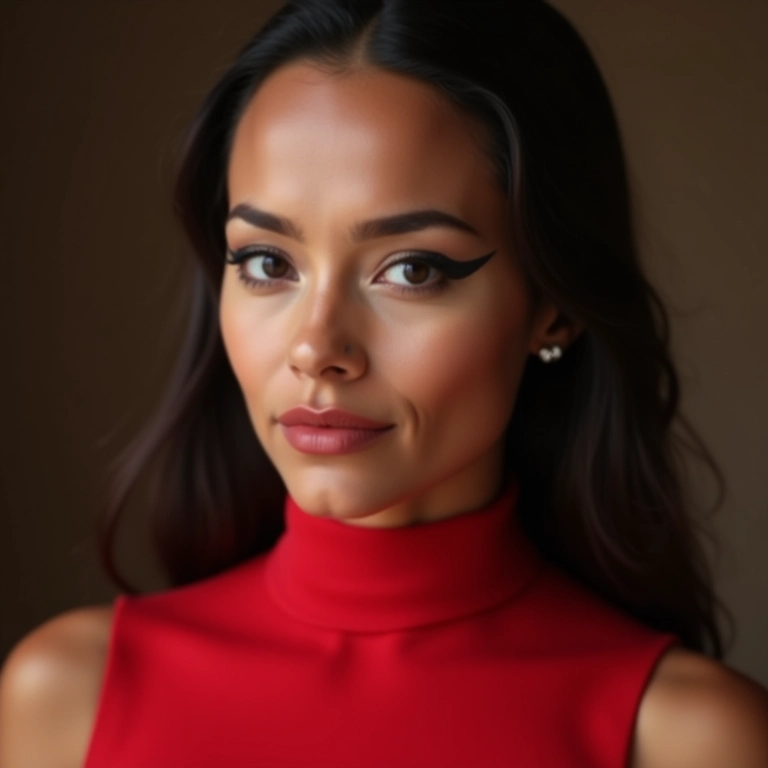 Delineado gatinho clássico com vestido vermelho.