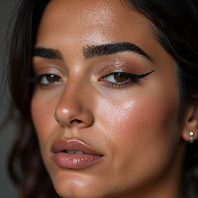 Delineado gráfico combinado com sombra neutra para um visual equilibrado.