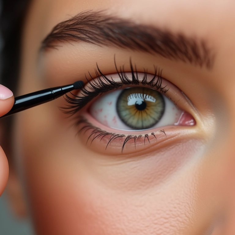 Delineador líquido com pincel fino sendo aplicado.