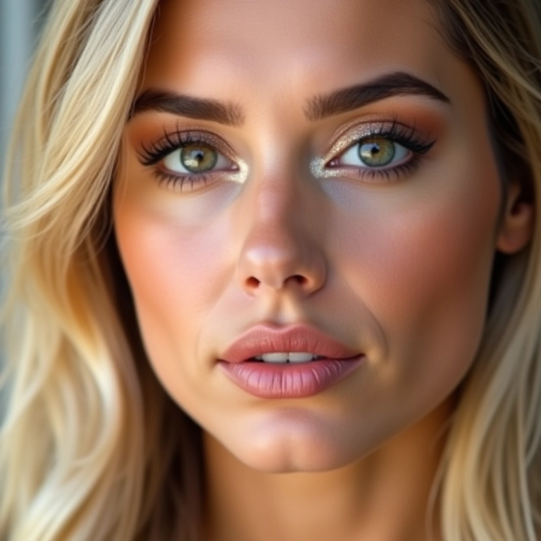 Detalhe de olhos de loira com sombras em tons neutros e brilhantes.