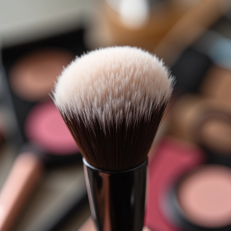 Detalhe de um pincel de esfumar oval com cerdas macias.