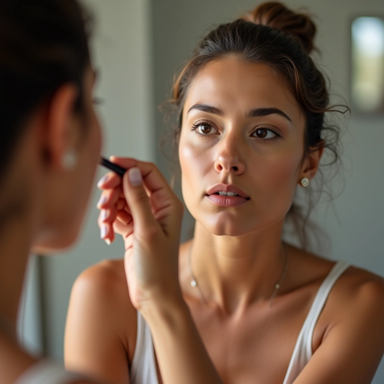 Dicas de maquiagem: mulher se maquiando em frente ao espelho.
