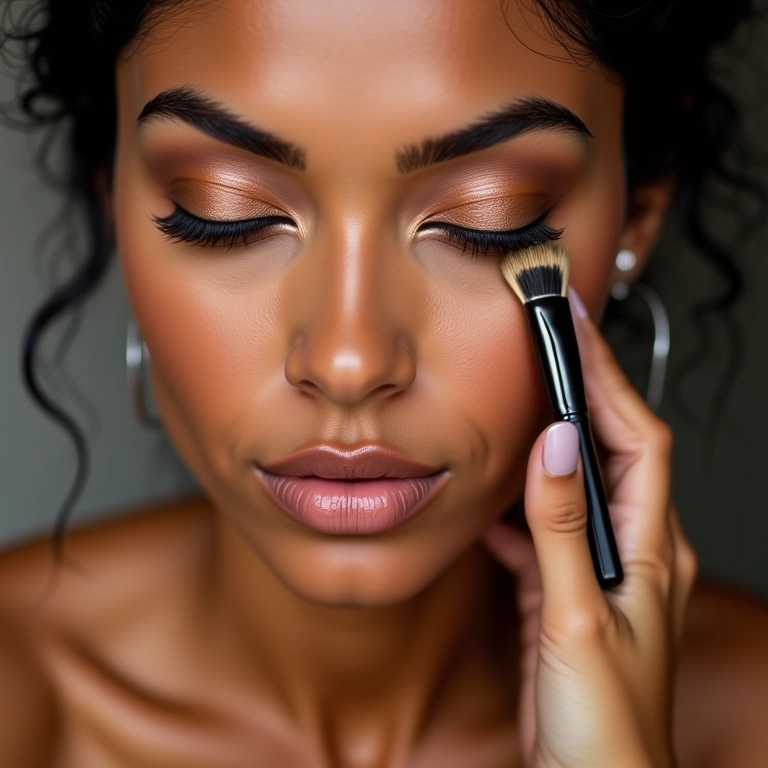 Diferentes pincéis de maquiagem sendo usados para aplicar bronzer.