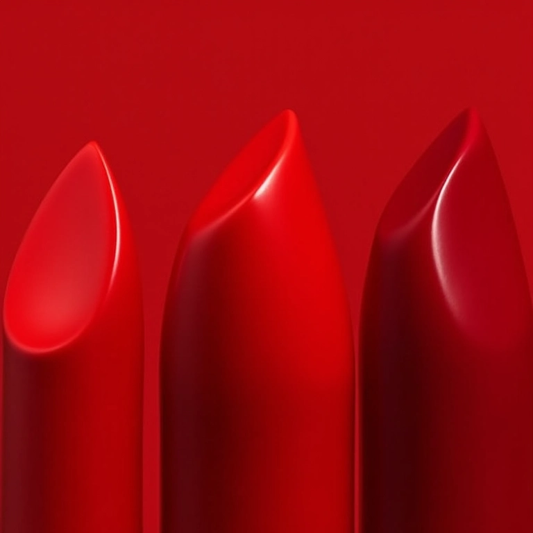 Diferentes texturas de batom vermelho: cremoso, matte e gloss.