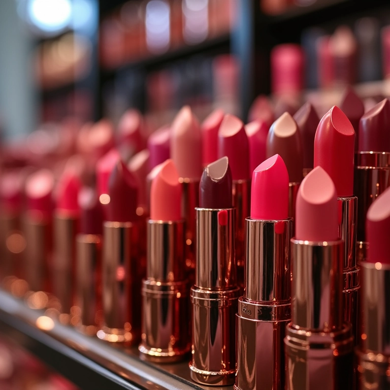 Display de marcas de batom de longa duração em uma loja de maquiagem.