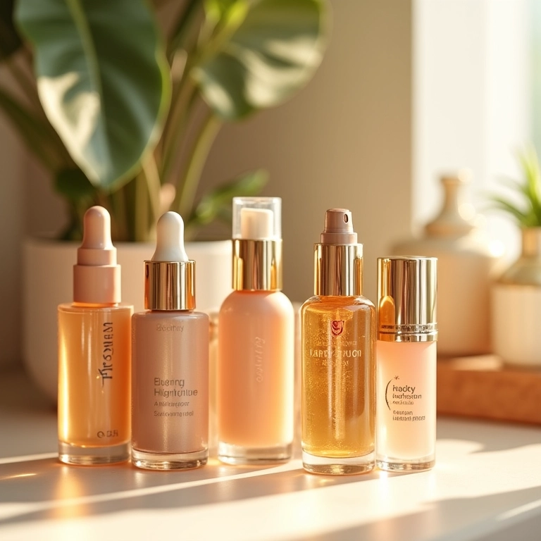 Diversas marcas de iluminador dourado em uma penteadeira com decoração brasileira.