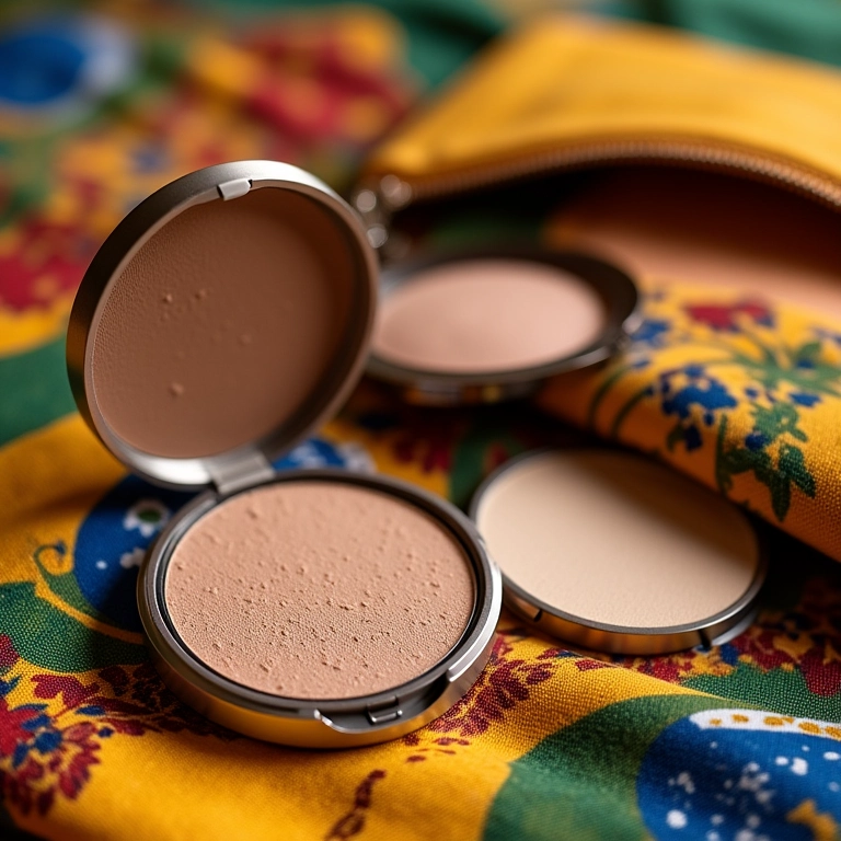 Diversos pós compactos abertos exibidos ao lado de uma necessaire sobre tecido colorido.