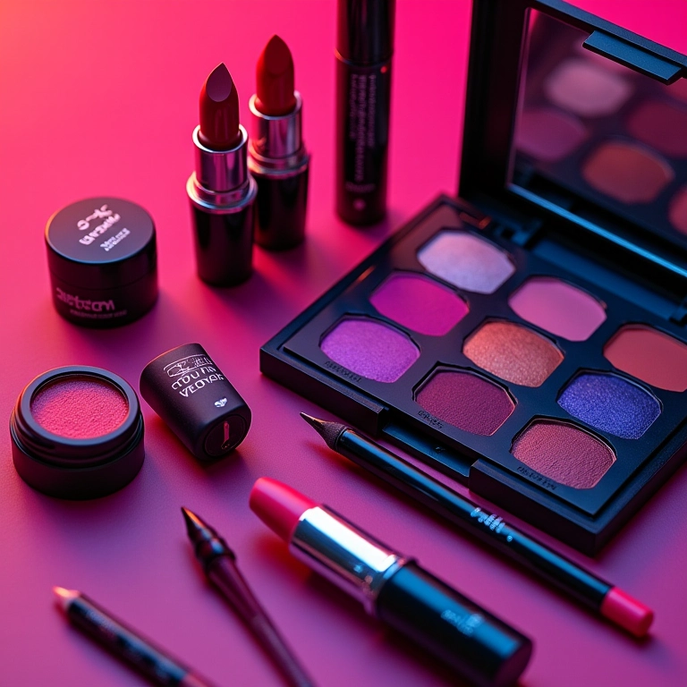 Diversos produtos de maquiagem neon em exposição.