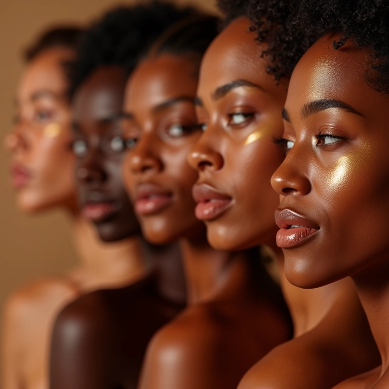 Diversos tons de iluminador em diferentes tons de pele.