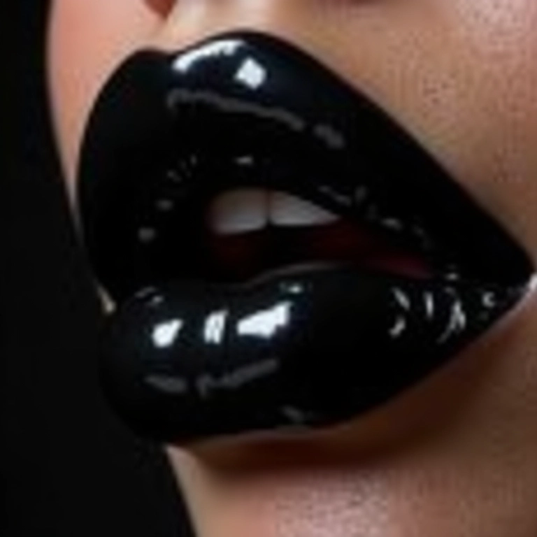 Efeito vinil com gloss preto para lábios brilhantes.