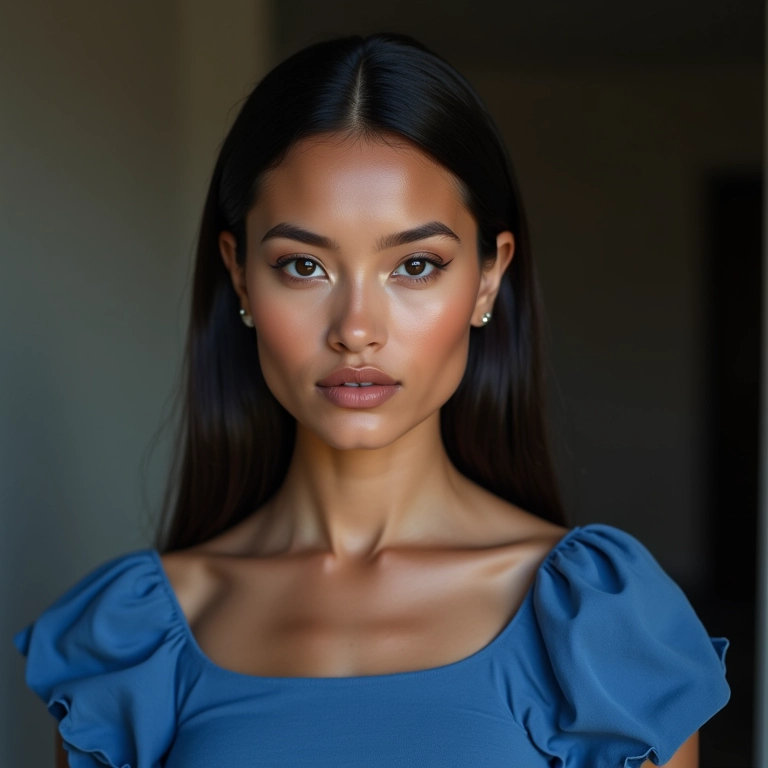 Elegância atemporal: batom nude para um look sofisticado com vestido azul.