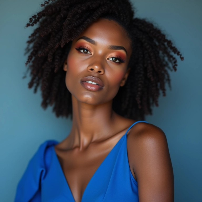 Elegância discreta: maquiagem cobre para usar com vestido azul.