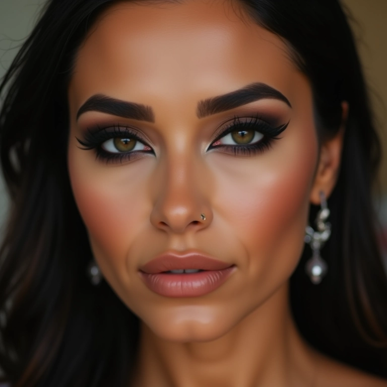 Esfumado alongado no canto externo em maquiagem árabe em mulher brasileira.