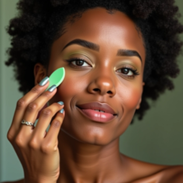 Esfumando as bordas do corretivo verde com uma esponja de maquiagem.