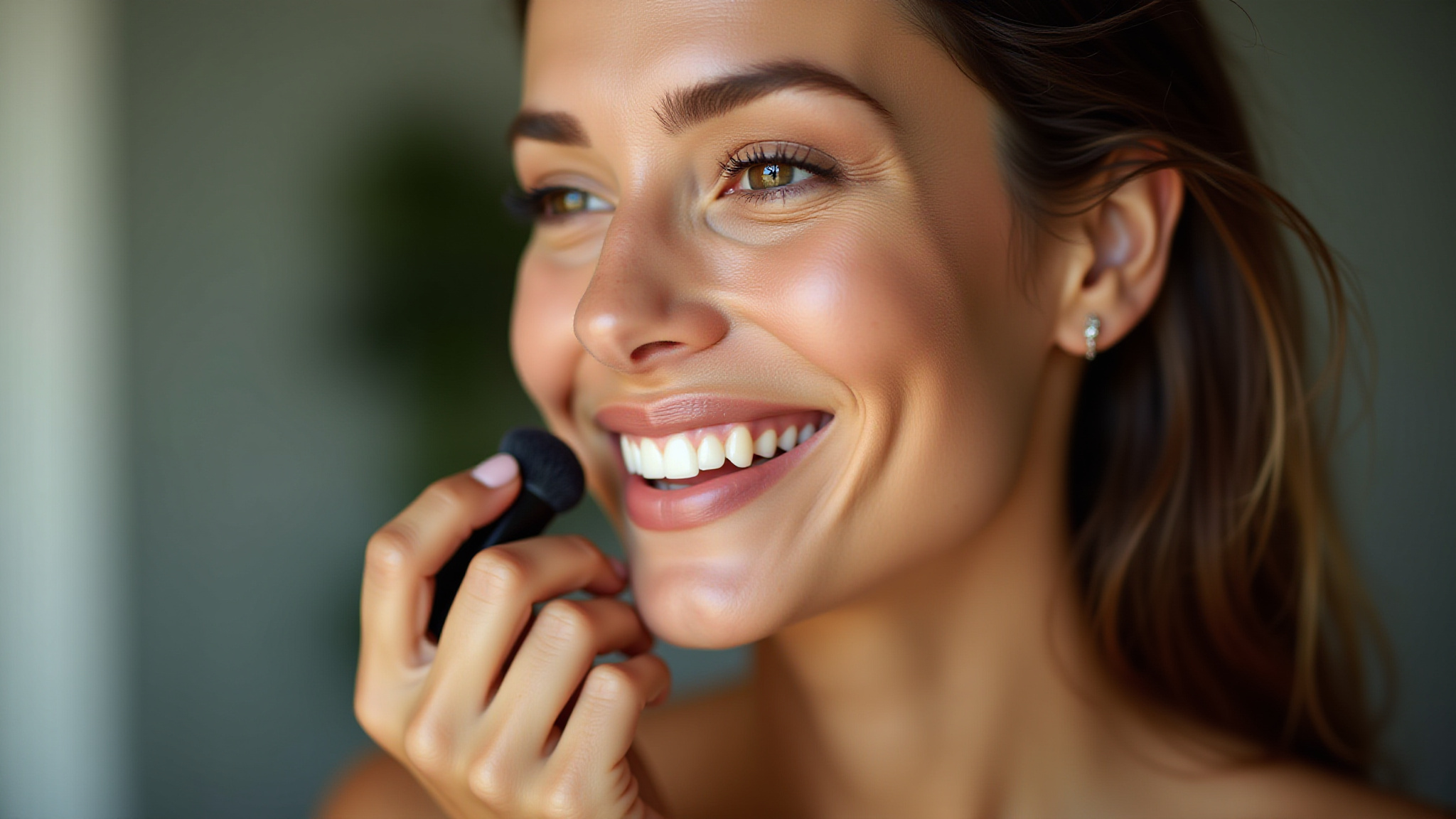 Mulher sorrindo aplicando base de alta cobertura para uma pele perfeita.