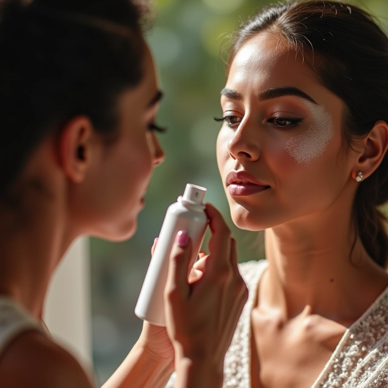 Finalização da maquiagem com spray fixador.
