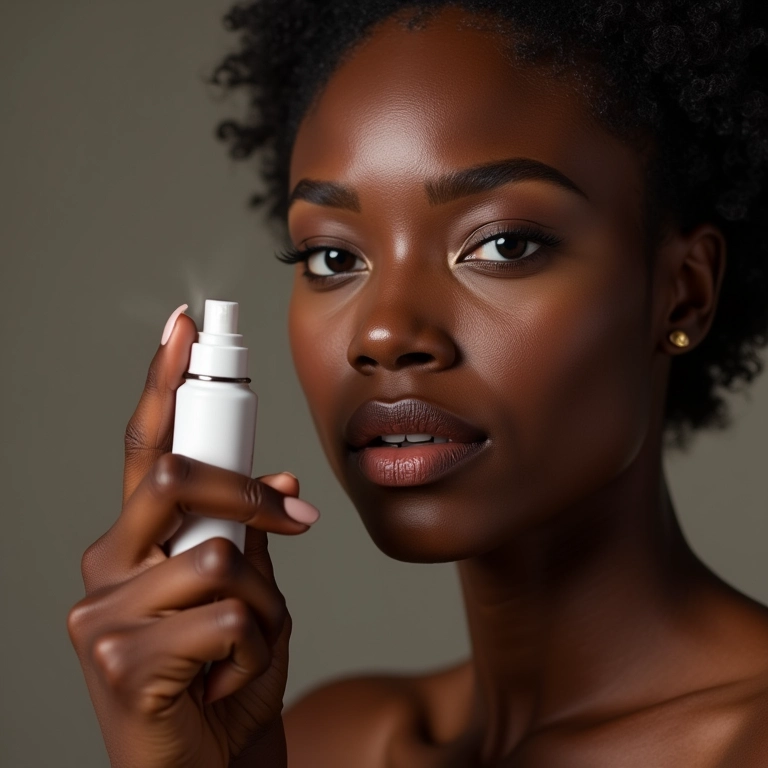 Finalizando a maquiagem com fixador em pele negra.