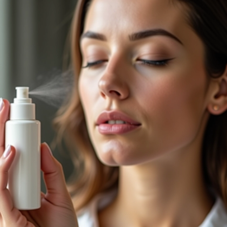 Finalizando a maquiagem com um spray fixador.