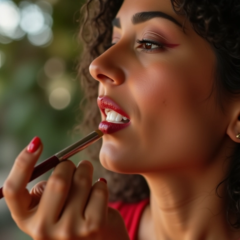 Finalizando com pó translúcido para aumentar a durabilidade do batom vermelho.