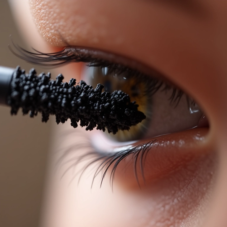 Fórmula da máscara sendo aplicada nos cílios, foco em volume e cuidado.