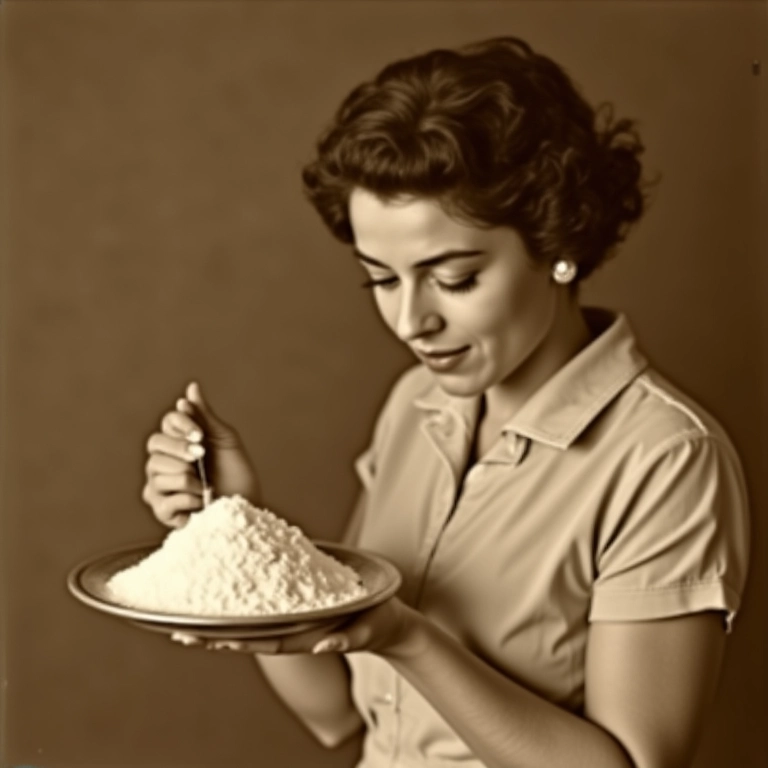 Foto antiga de mulher aplicando pó de arroz no rosto.