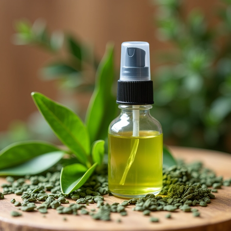 Frasco de spray fixador caseiro de chá verde com folhas de chá.