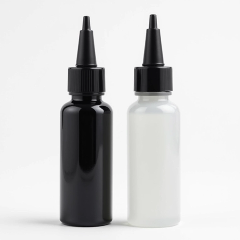 Frascos de cola para cílios: preta e transparente lado a lado.