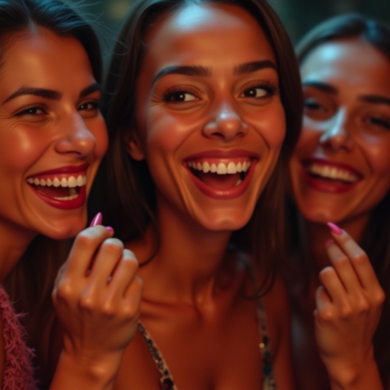 Grupo de amigas se maquiando para a balada, com alegria e diversidade.