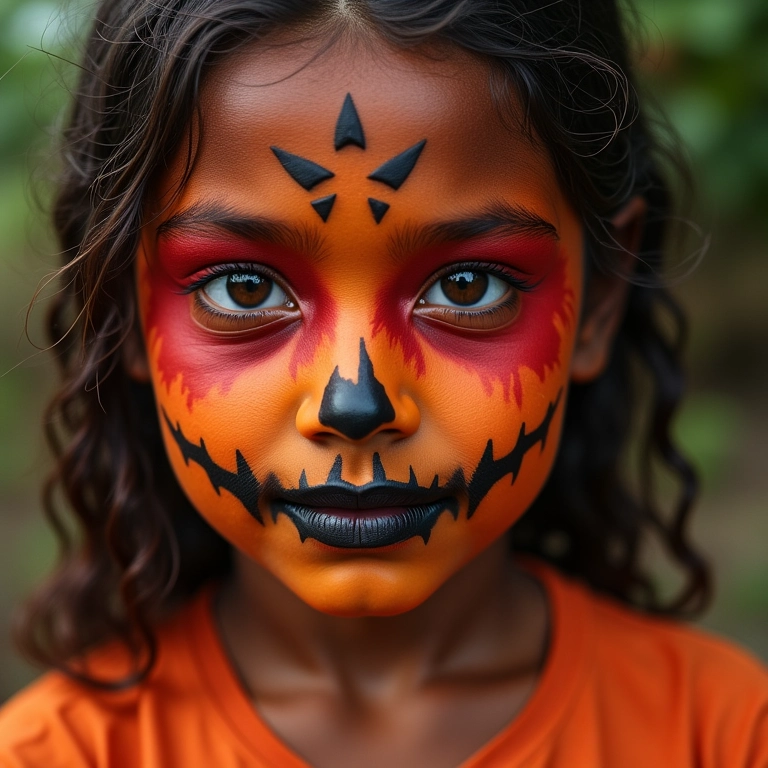 Grupo de jovens adultos com maquiagens criativas de Halloween em cenário vibrante e colorido.