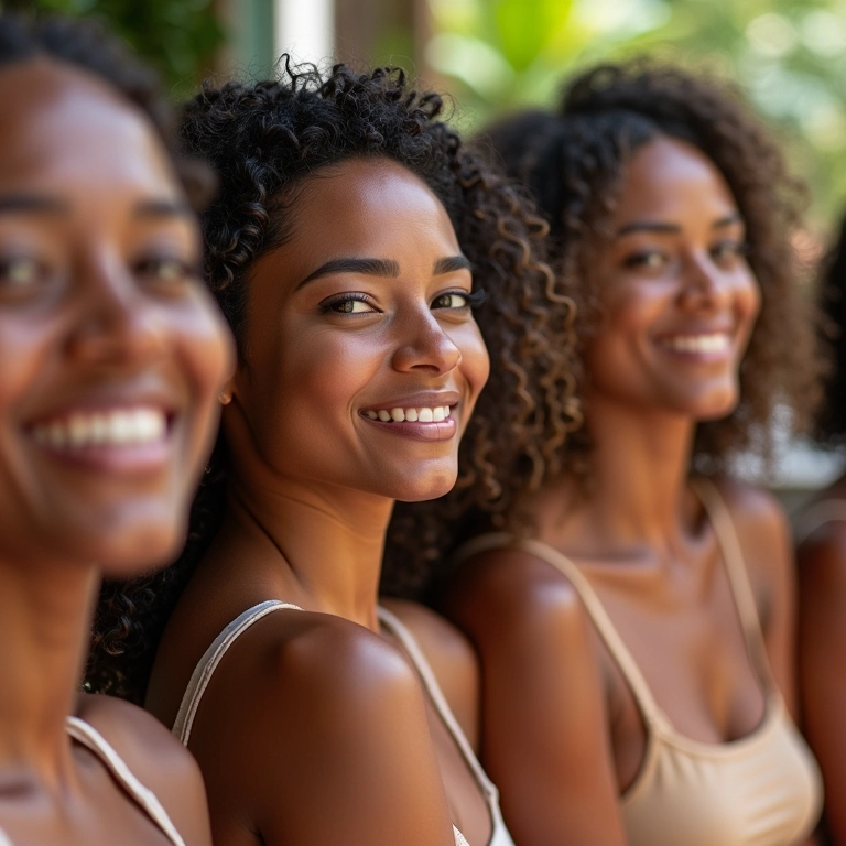 Grupo diverso de mulheres usando base com niacinamida, adequada para todos os tipos de pele.