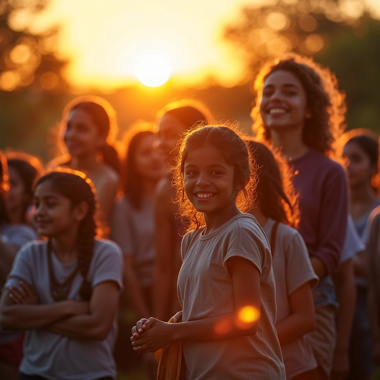 Grupo diverso de pessoas posando ao ar livre, aproveitando a luz natural dourada.