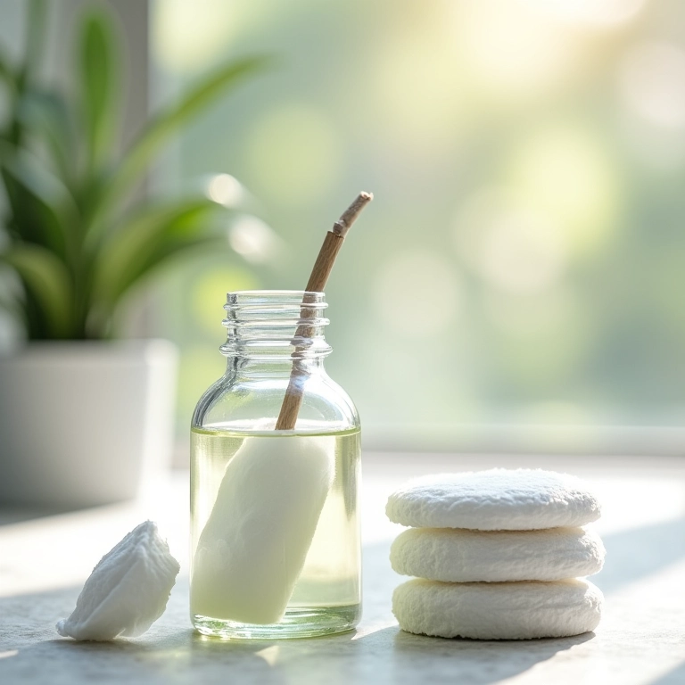 Hidrolato de hamamélis em um frasco de vidro com algodão.