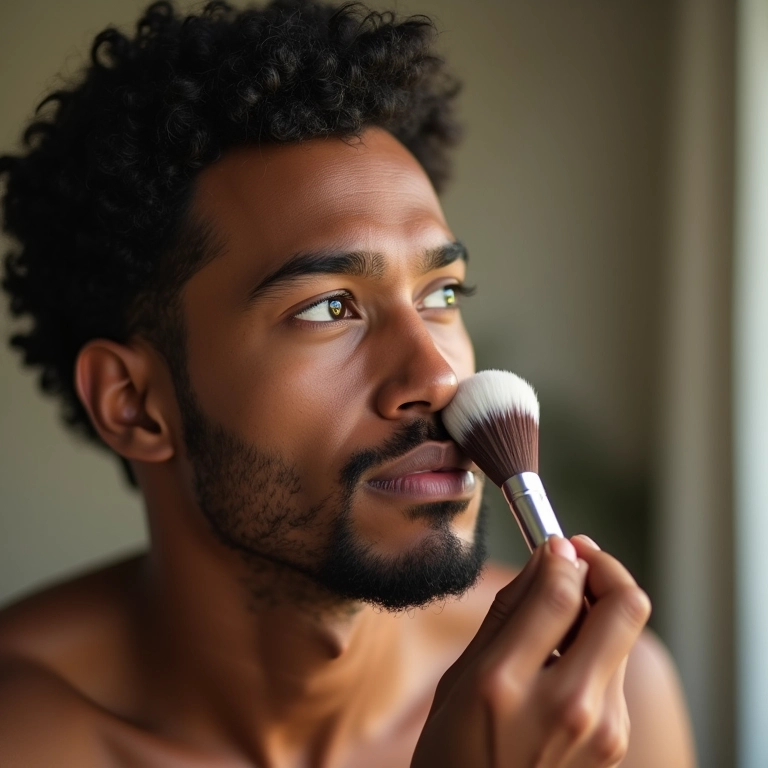 Homem aplicando base para uniformizar a pele.