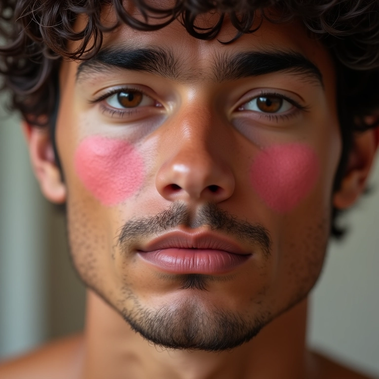 Homem aplicando blush para um aspecto saudável.
