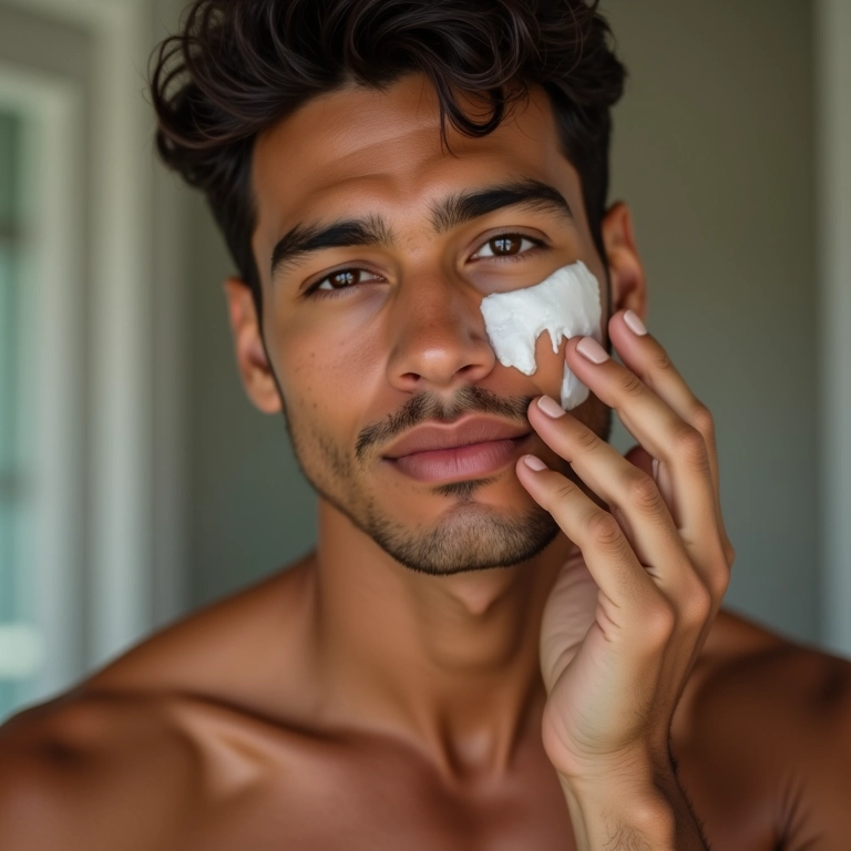 Homem brasileiro aplicando BB cream para uma cobertura leve e natural.