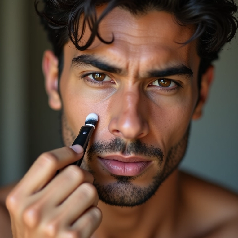 Homem brasileiro aplicando corretivo no rosto.