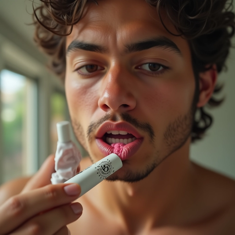 Homem hidratando os lábios com balm.