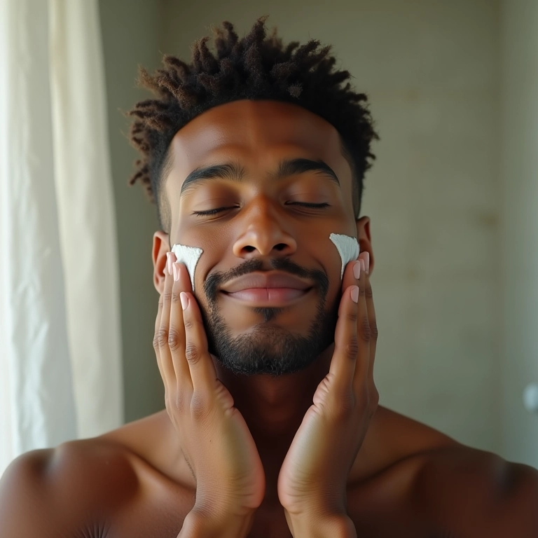 Homem limpando o rosto com produtos de skincare.