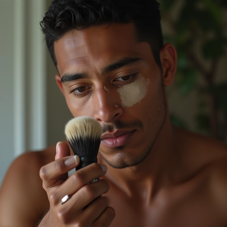 Homem usando pó translúcido para controlar o brilho.