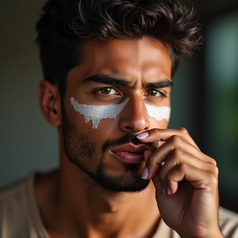 Homem usando produto multifuncional no rosto.
