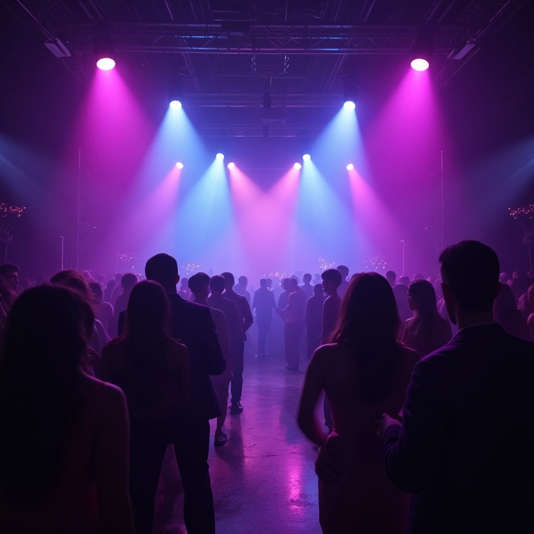 Iluminação elegante de festa com spots e luzes coloridas criando ambiente.