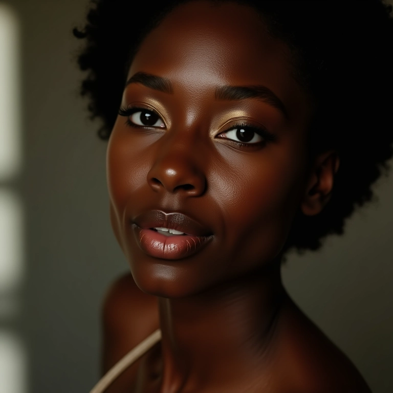 Iluminador champagne para brilho sutil em pele negra.