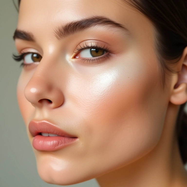 Iluminador cremoso aplicado para um efeito natural e hidratante na pele.